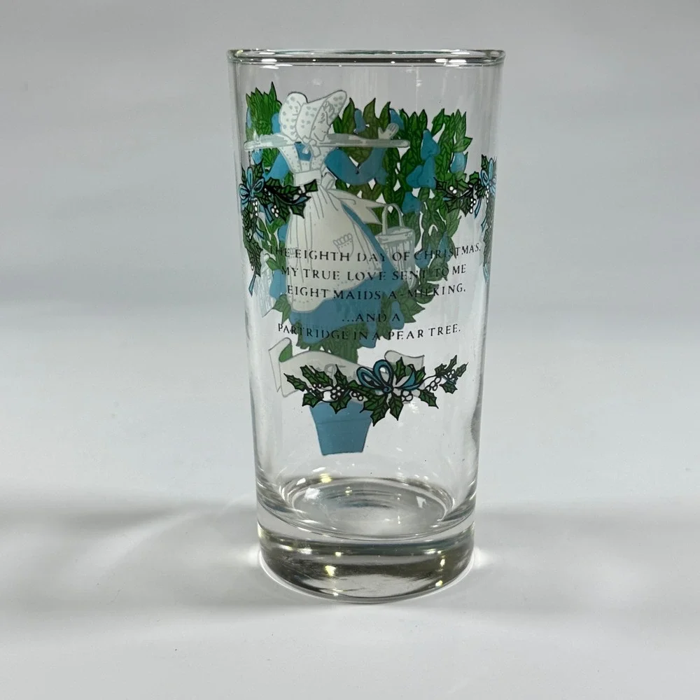 VTG 12 Days of Christmas Glass Tumbler 8th Day Maiden Milking Blue Green 12oz